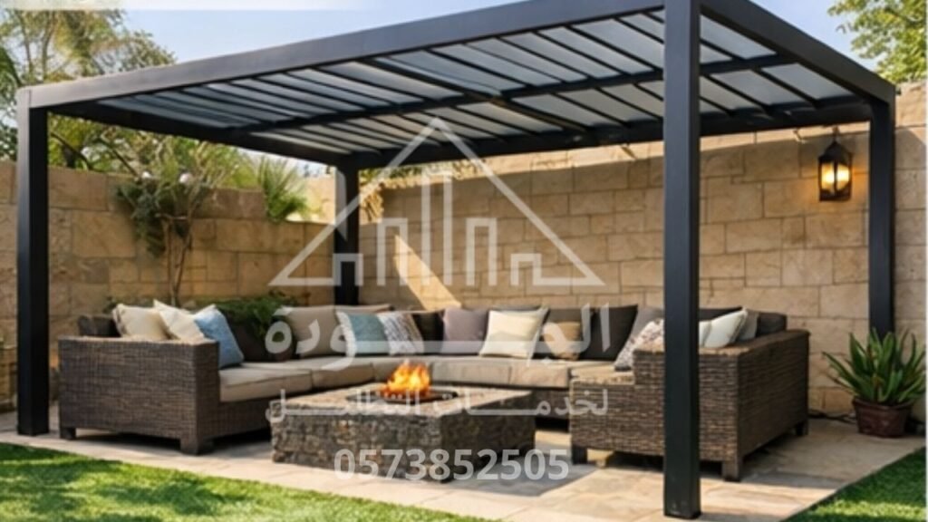 مظلات جلسات خارجية قماش بي في سي مقاوم للمطر والحرارة - تنسيق حدائق الرياض