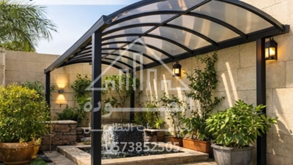 تصميم مظلة حديقة مع إضاءة ليد مخفية وديكورات ليزر حديثة في السعودية